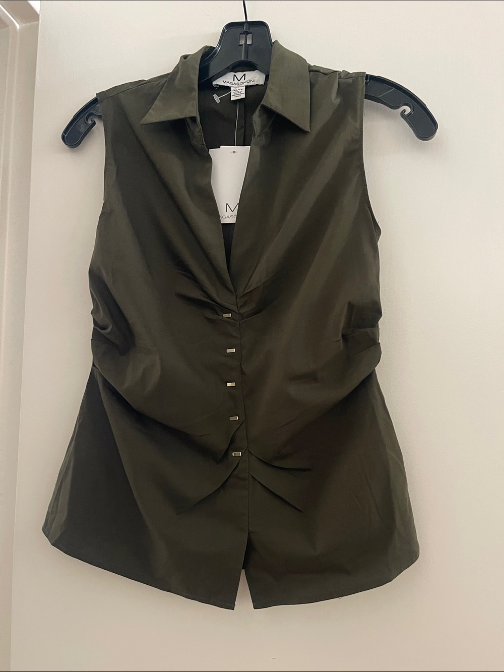 Magaschoni Olive Sleeveless Draped Button-Front Shirt